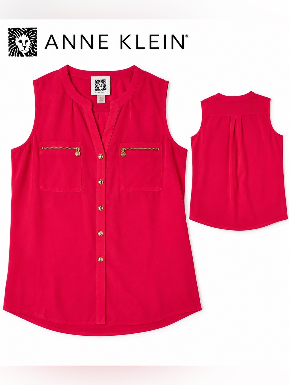 Anne Klein Hot Pink Sleeveless Blouse Gold Button Workwear